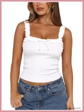 Ribbed Square Neck Tank Top Ruffle Strap Bow Knot Slim Fit Crop Camisole Going